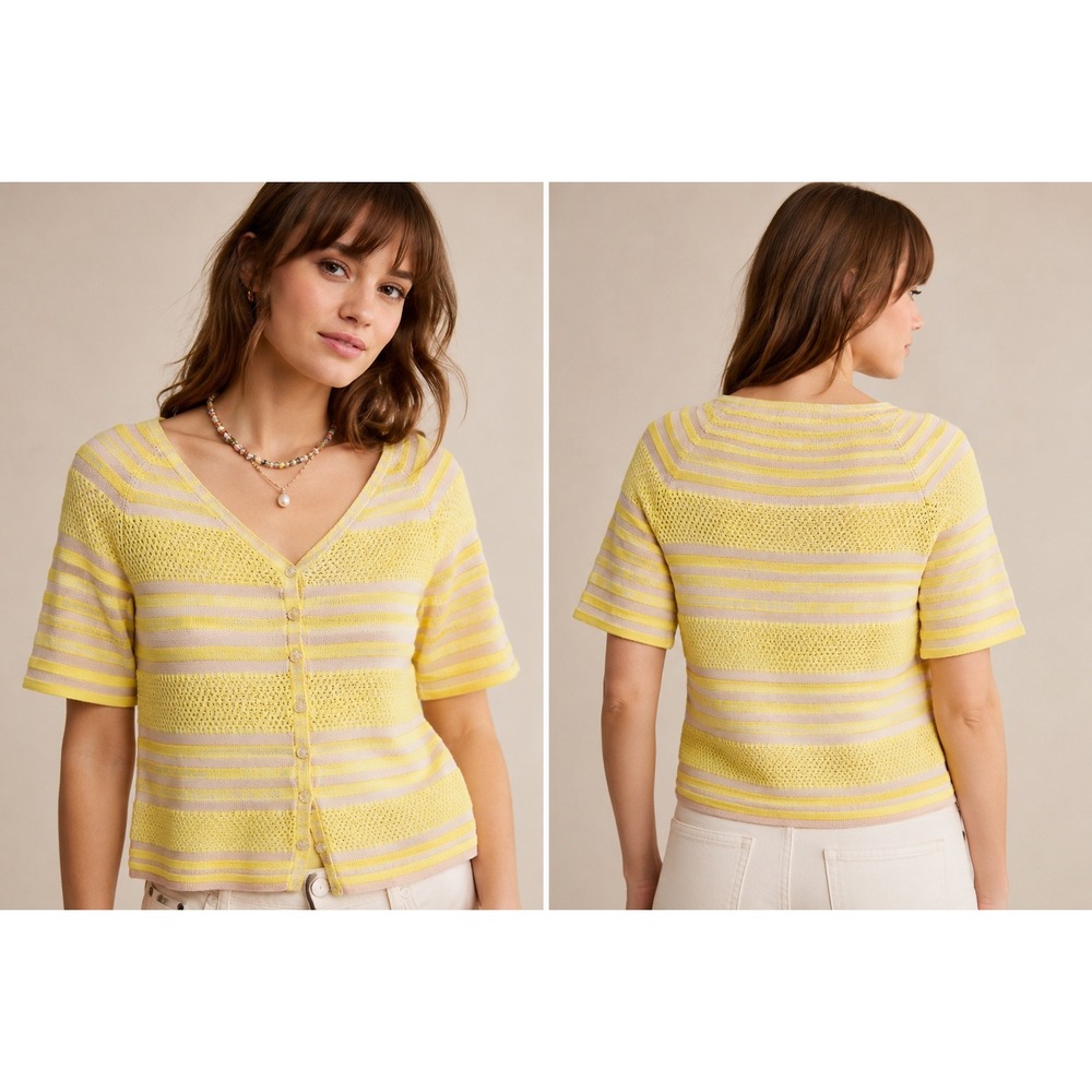 Moth‎ Anthropologie Yellow Pink Striped Short Sleeve Cardigan Sweater XSP Petite